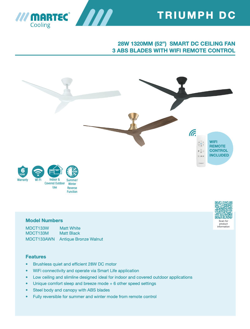 Martec Triumph DC 52″ Smart Ceiling Fan With WIFI Remote Control